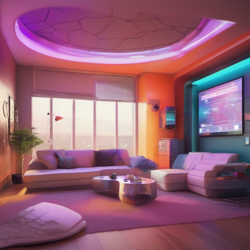 a futuristic smart home setting, featuring interconnected devices, vibrant colors, photorealistic