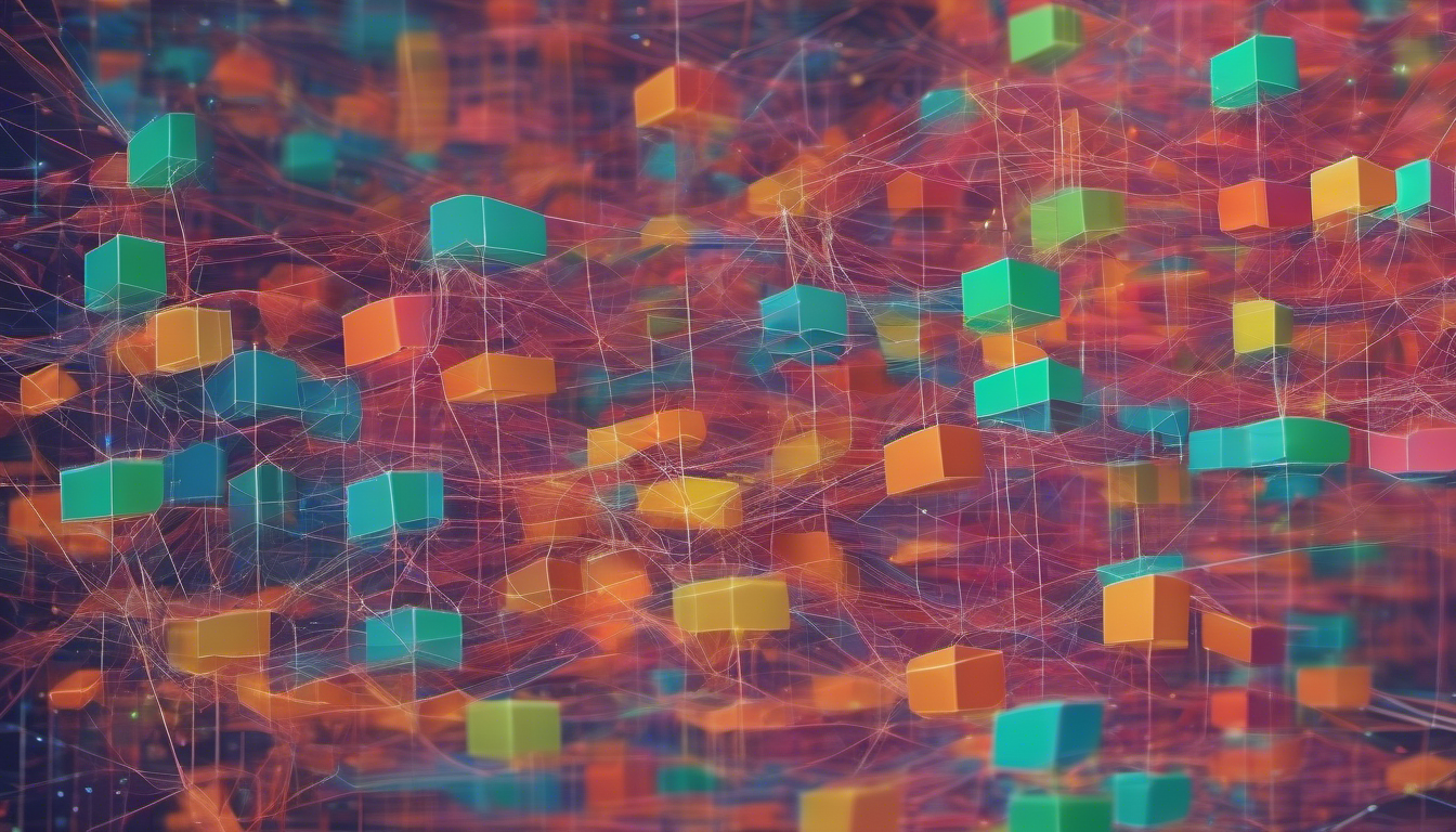 Blockchain network visualization, colorful lines, abstract, high resolution