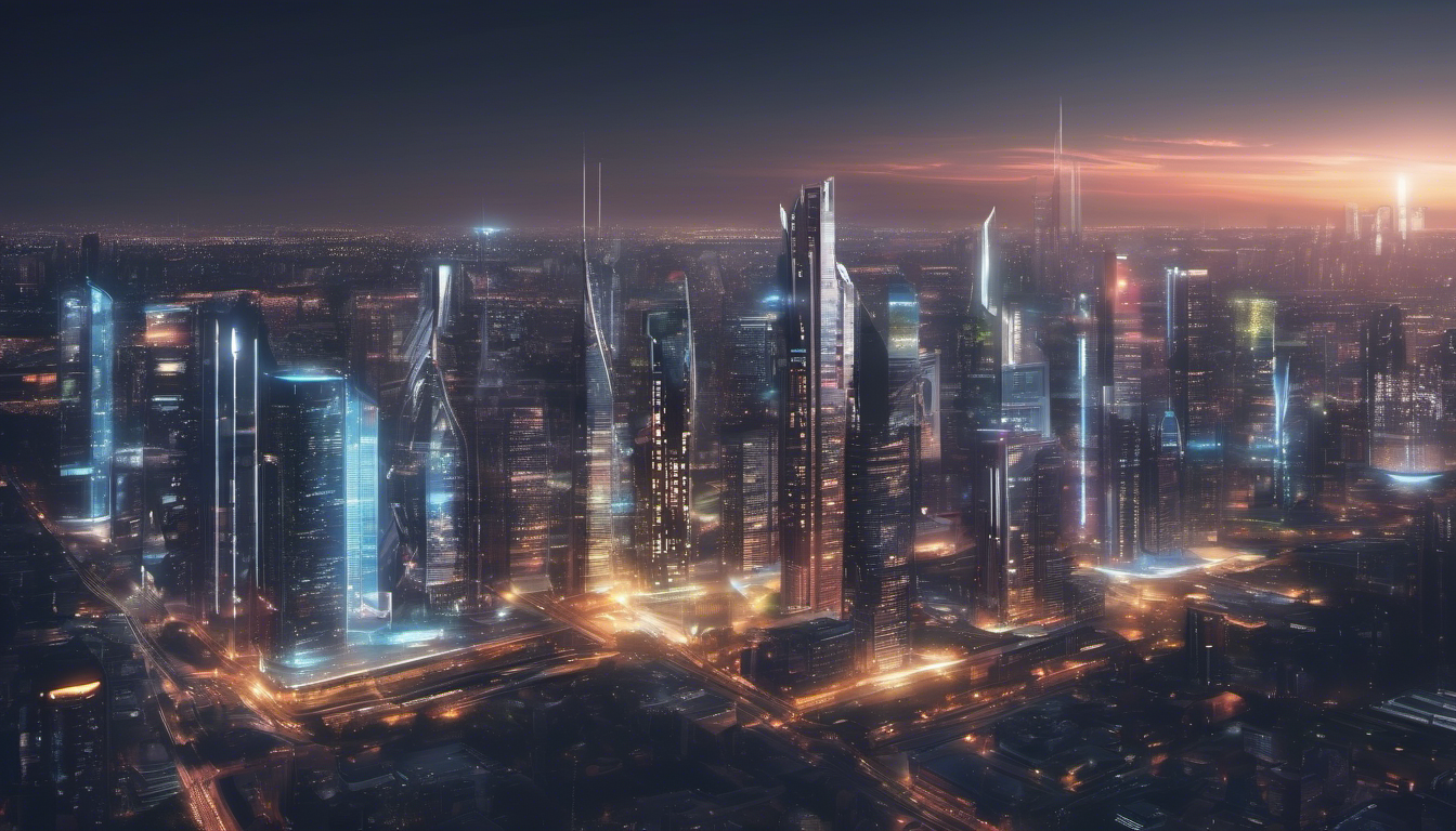 City skyline at night with illuminated smart buildings, futuristic aesthetic, high-resolution