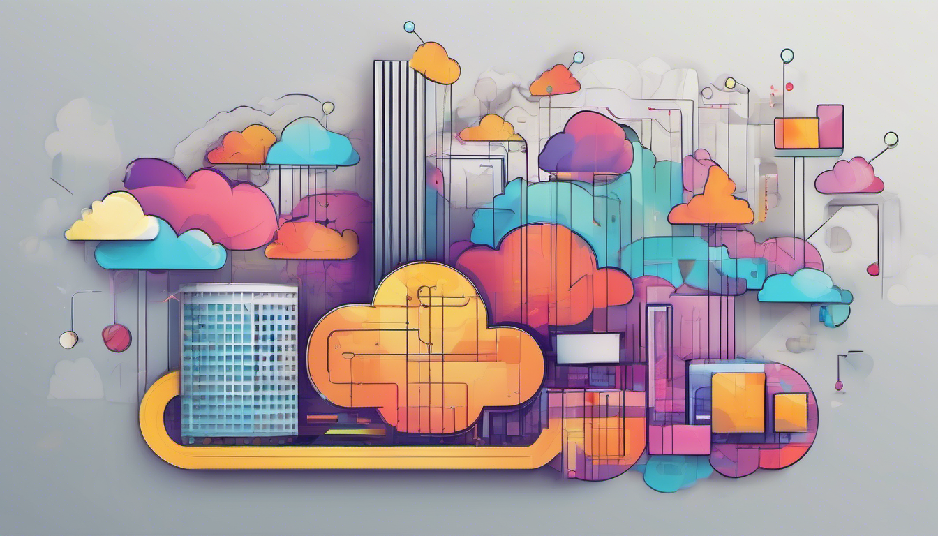 Illustration of cloud serverless architecture, colorful and abstract, high resolution