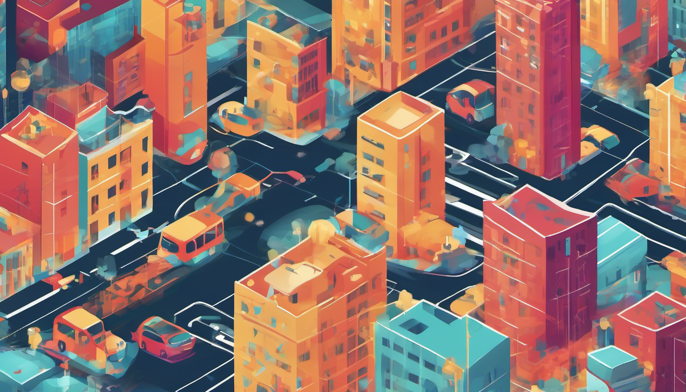 Illustration of interconnected IoT devices enhancing urban mobility, modern abstract design, vibrant colors