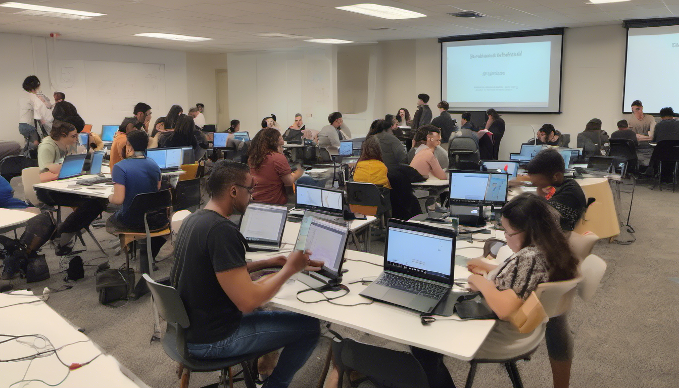 Image of a coding workshop with diverse participants, laptops open