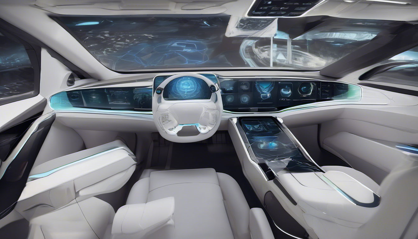 Image of a futuristic autonomous vehicle interior, showcasing advanced software controls, sleek design, interactive displays