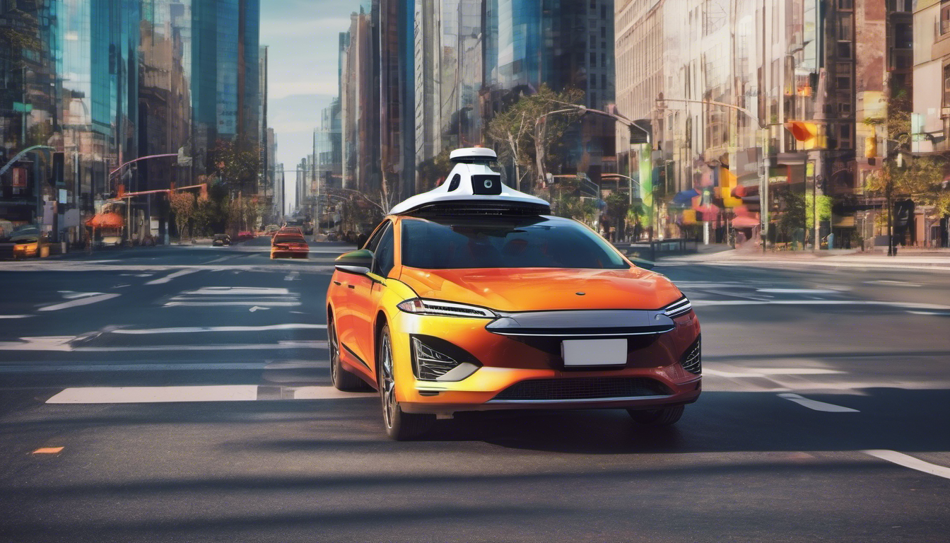 Image of a self-driving car on a city road, showcasing advanced technology, vibrant colors, high-resolution