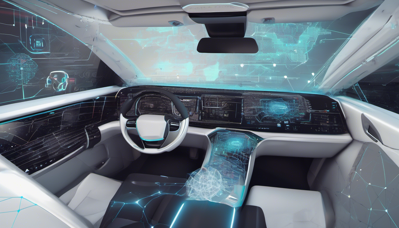 Image of AI algorithms processing data in an autonomous vehicle, futuristic dashboard interface, data visualization, cutting-edge technology