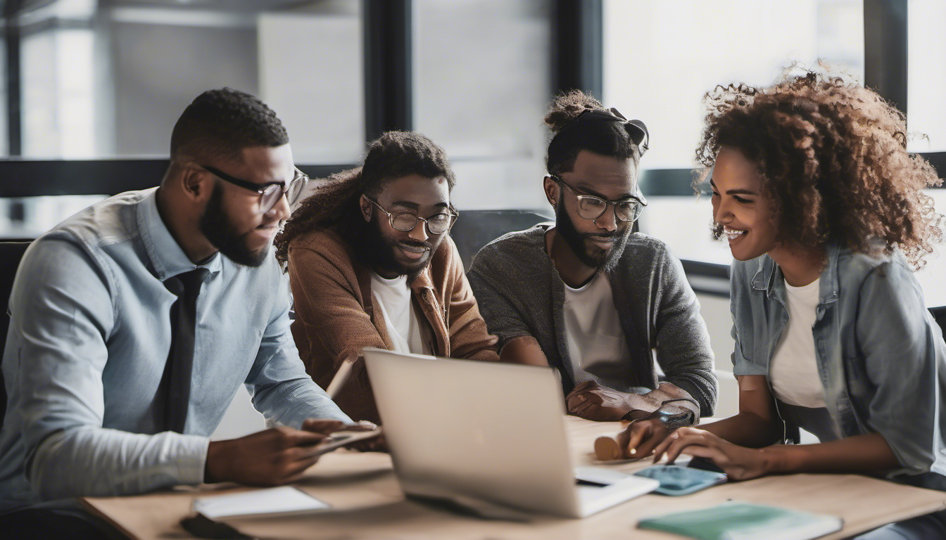 Image of developers collaborating on coding, diverse team, modern office setting