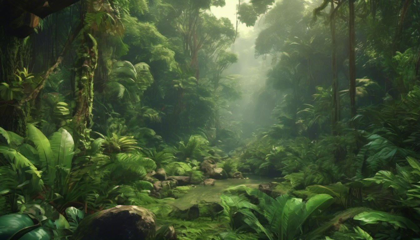 rainforest with wildlife, lush greenery, detailed textures, 1080p