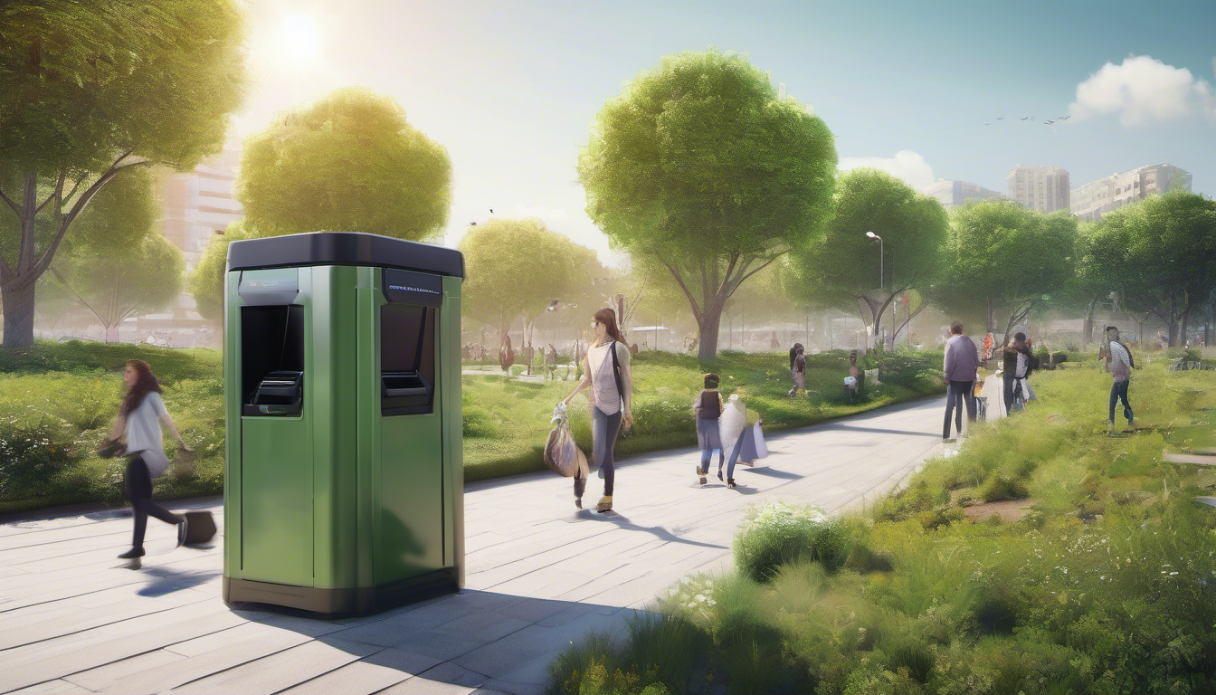 Smart city park with integrated IoT-powered waste management system, green spaces with sensor-equipped waste bins, sunny weather