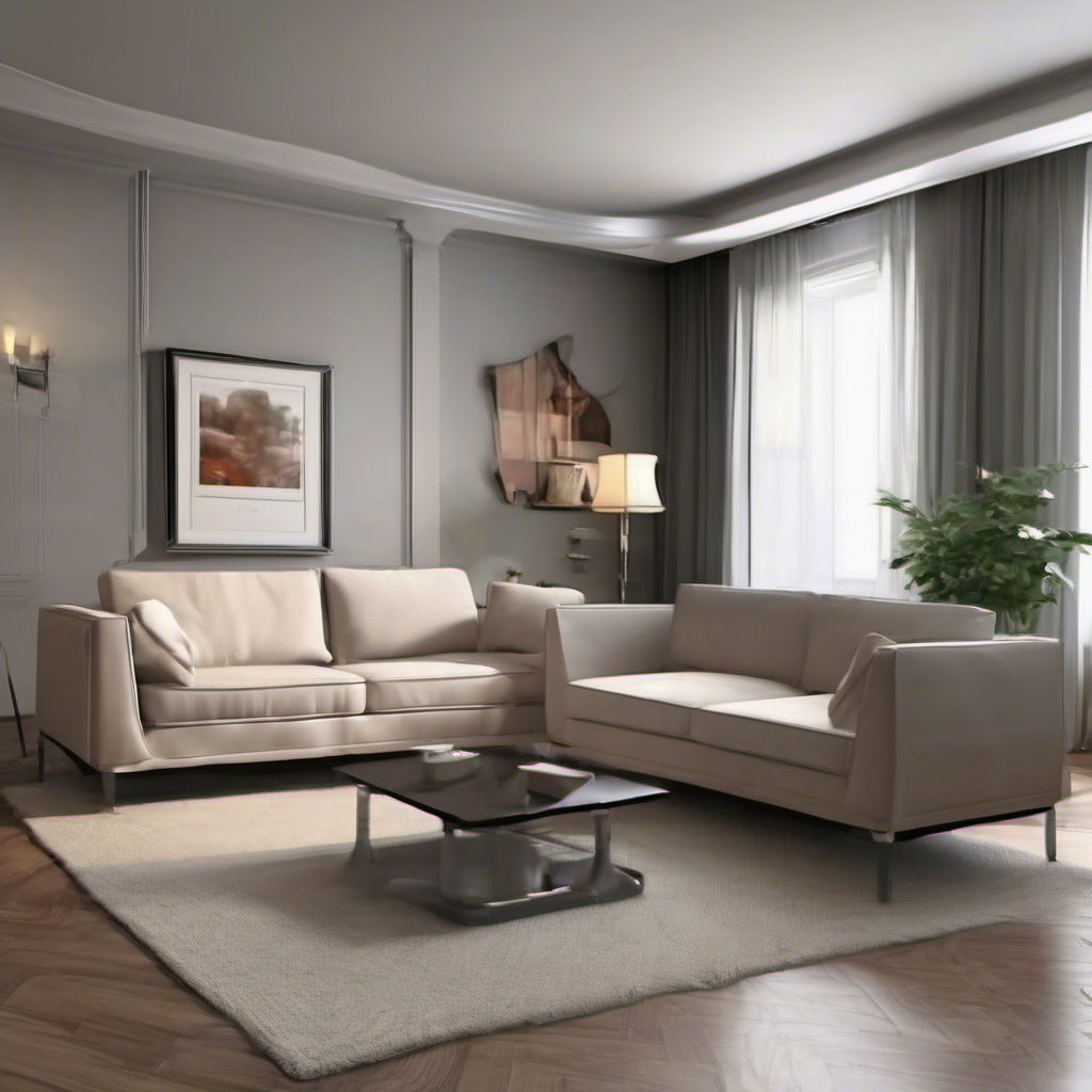 Virtual furniture appearing in a living room, realistic sofa design, modern interior