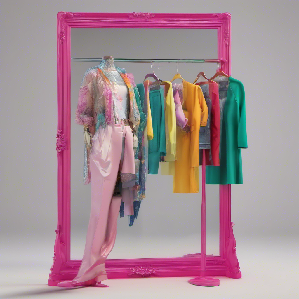 Virtual outfits superimposed on a mirror, realistic clothing items, vibrant colors